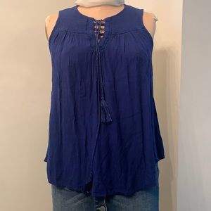 Japna smocked royal blue lace up front sleeveless gauze top